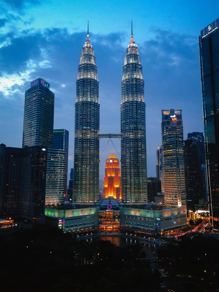 Petronas Towers in Malaysia lit up during the night sky